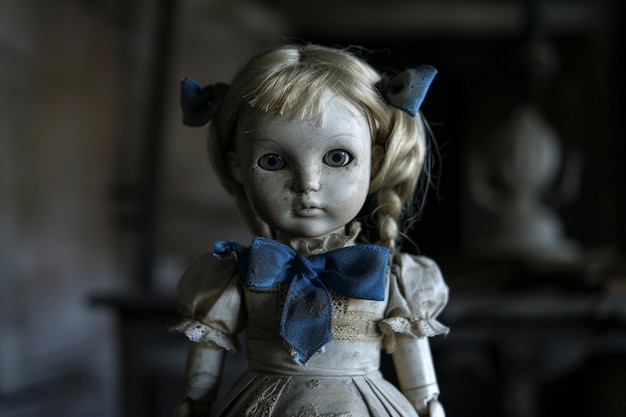 A doll with a blue bow and a white dress is standing in a dark room