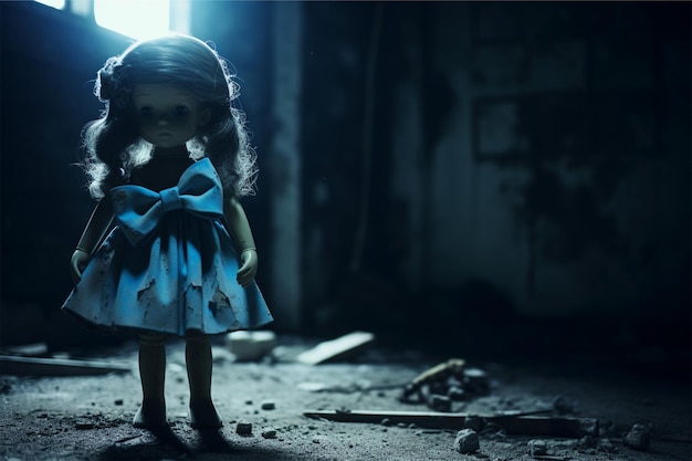 A doll with a blue bow and a white dress is standing in a dark room