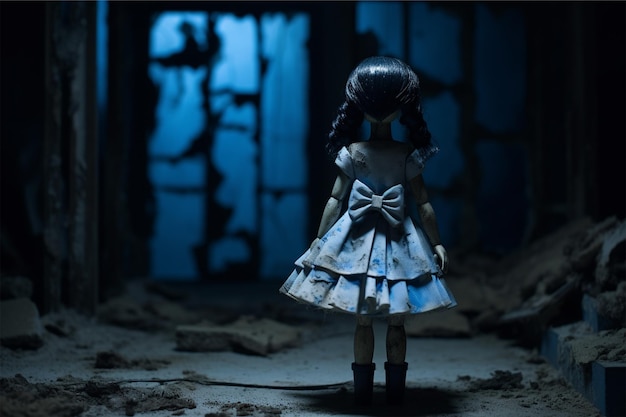 A doll with a blue bow and a white dress is standing in a dark room