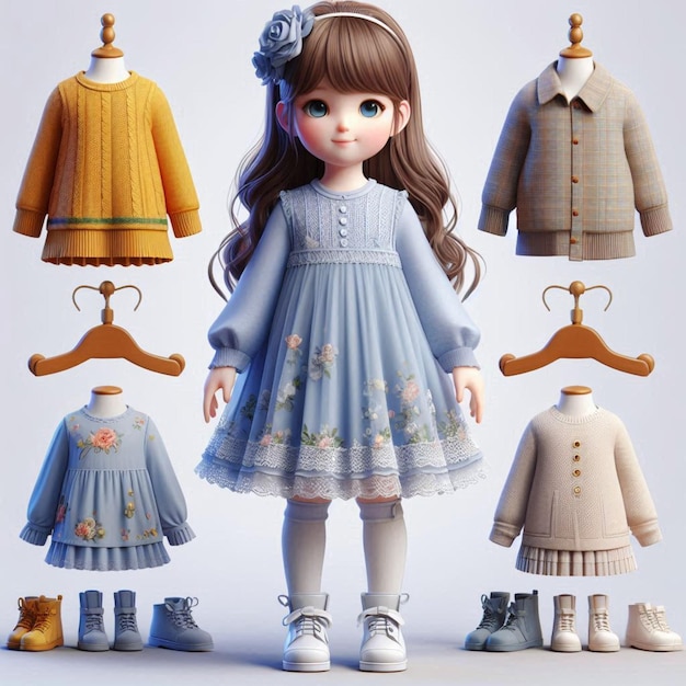 Photo a doll with a blue dress and a dress with a blue dress and a pair of shoes