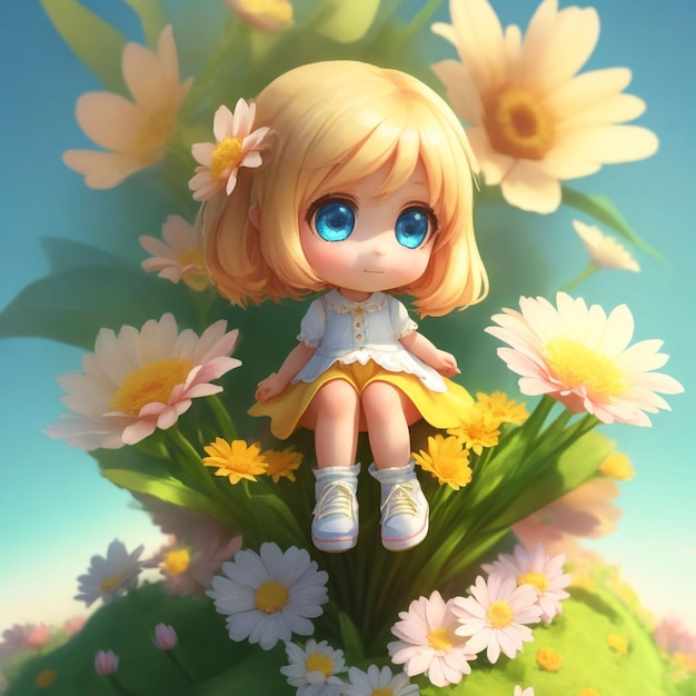 A doll with blue eyes sits on a flower field