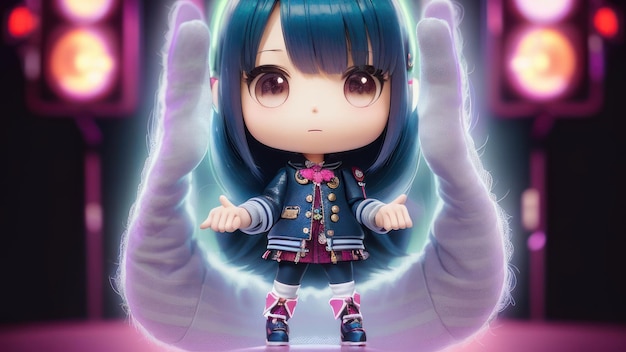 A doll with blue hair and blue hair stands in front of a purple hand holding a glowing hand.