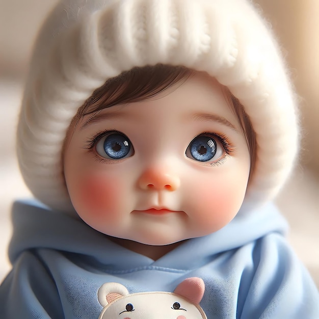 a doll with a blue sweater and a white bear in the corner