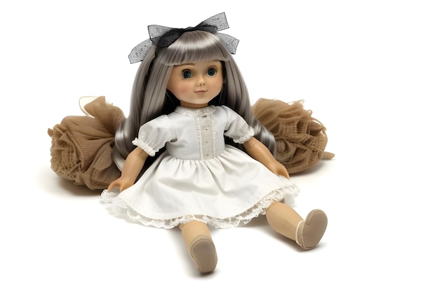 a doll with a bow on her head sits on a pile of brown cloths