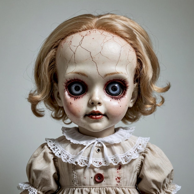 a doll with a broken eye and a broken eye is shown