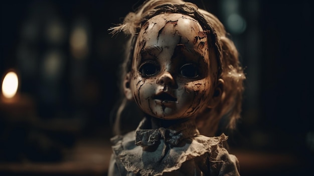 A doll with a broken face is in a dark room.