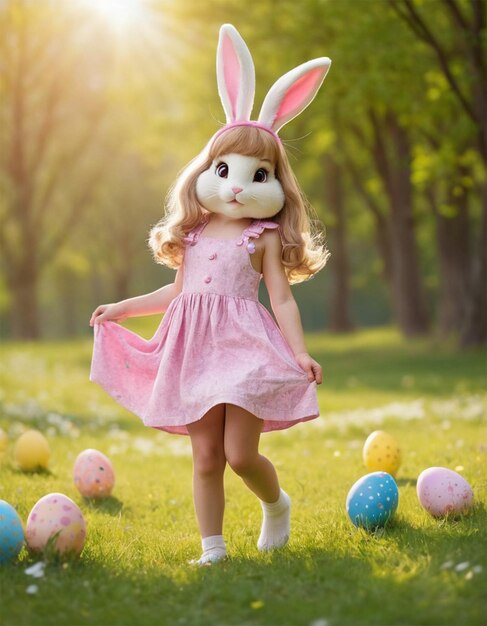 a doll with bunny ears and a bunny rabbit ears is standing in the grass