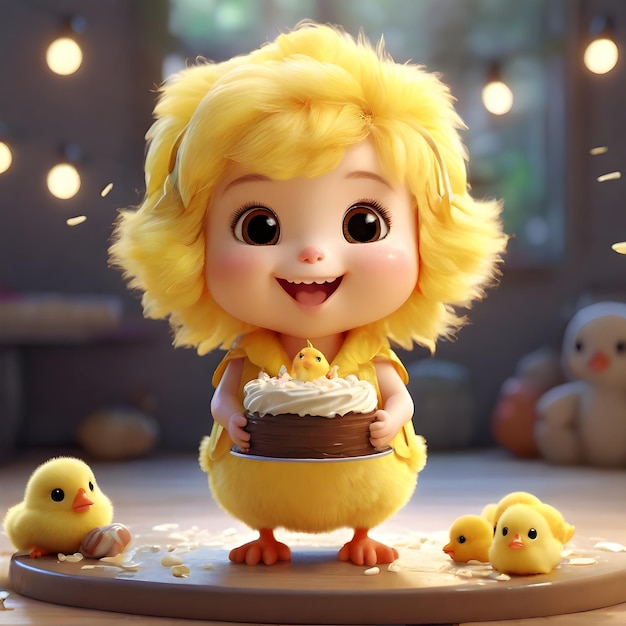 a doll with a cake that says duckies on it