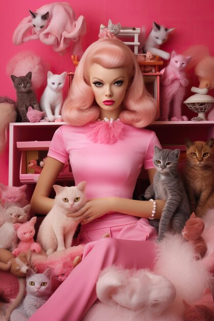 a doll with a cat and a bunch of other cats