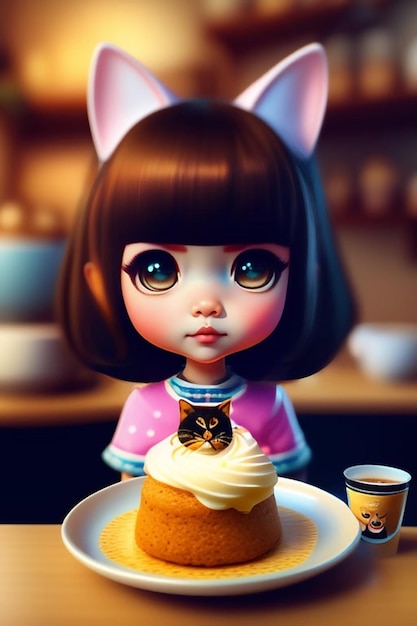 A doll with a cat on top of a cake