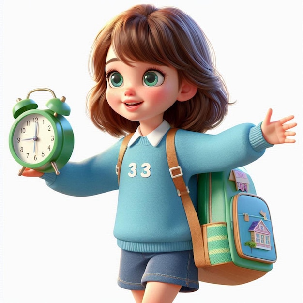 a doll with a clock and a green bag with the number 31 on it