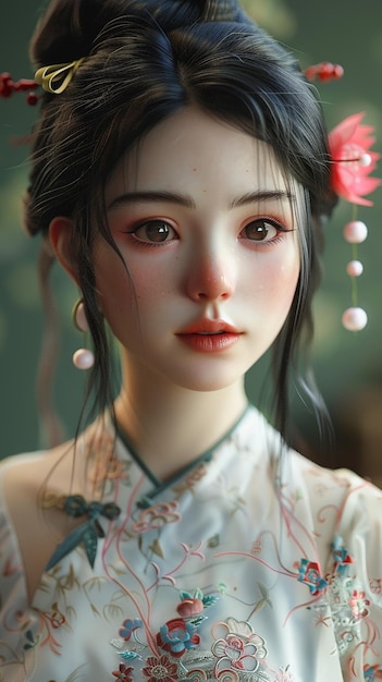 a doll with a flower in her hair