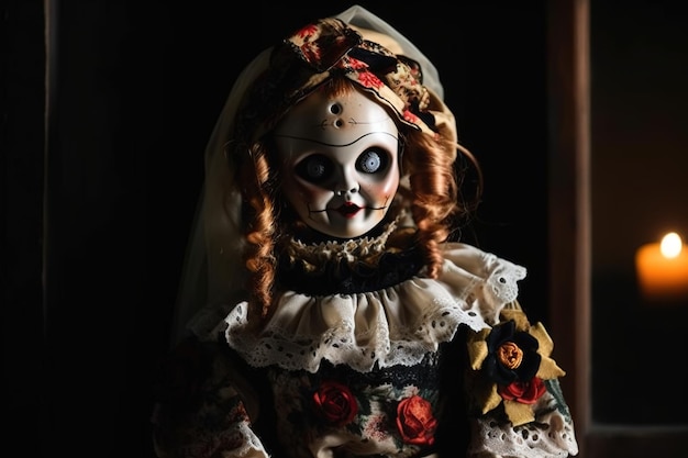 A doll with a flower on it is in a dark room