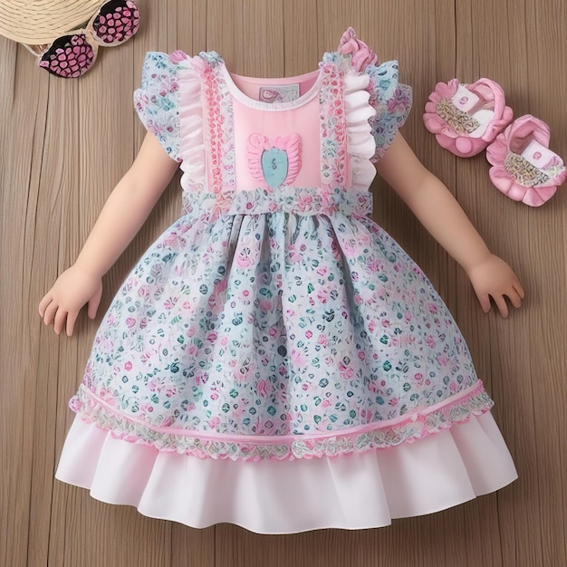 a doll with a flowered dress on the front of it