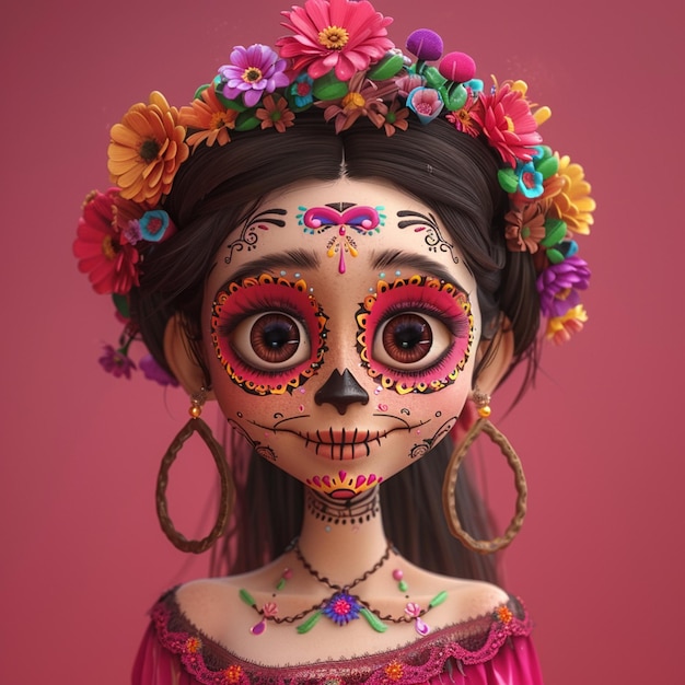 a doll with a flowered face and a pink background