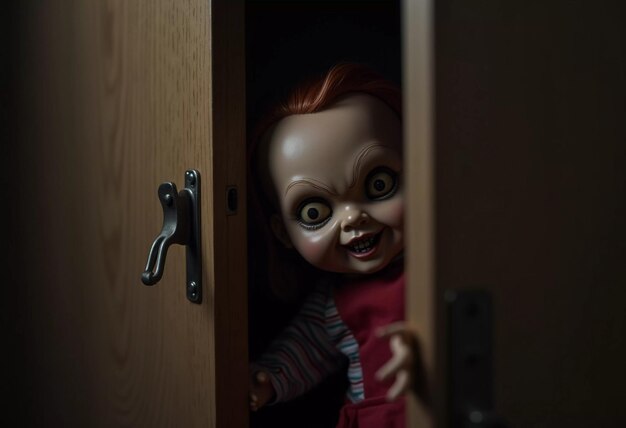 A doll with frightening facial features peers out of the closet at night her piercing gaze and crooked smile creating a chilling atmosphere in the dimly lit room Scary doll for horror Generative AI