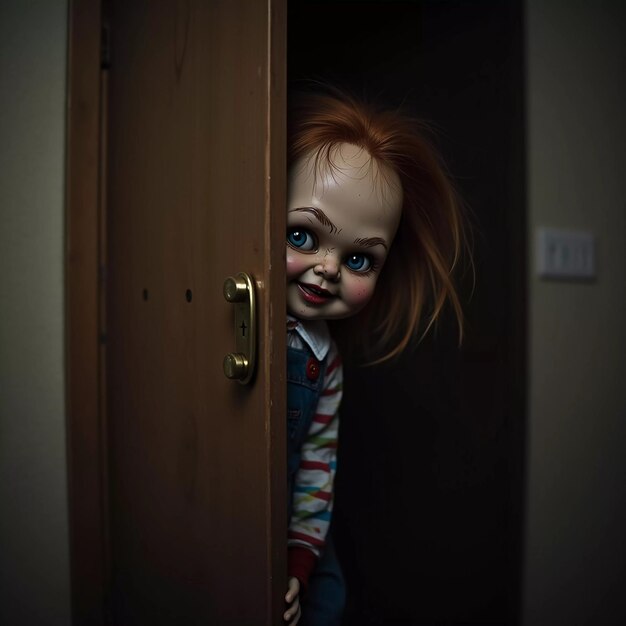 Photo a doll with frightening facial features peers out of the closet at night her piercing gaze and crooked smile creating a chilling atmosphere in the dimly lit room scary doll for horror generative ai