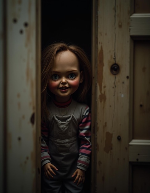 A doll with frightening facial features peers out of the closet at night her piercing gaze and crooked smile creating a chilling atmosphere in the dimly lit room Scary doll for horror Generative AI