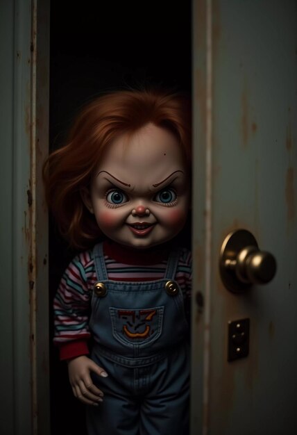 A doll with frightening facial features peers out of the closet at night her piercing gaze and crooked smile creating a chilling atmosphere in the dimly lit room Scary doll for horror Generative AI