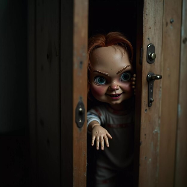 A doll with frightening facial features peers out of the closet at night her piercing gaze and crooked smile creating a chilling atmosphere in the dimly lit room Scary doll for horror Generative AI