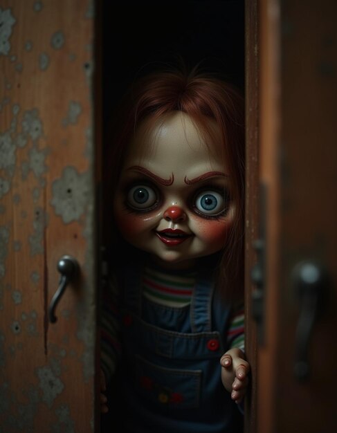 A doll with frightening facial features peers out of the closet at night her piercing gaze and crooked smile creating a chilling atmosphere in the dimly lit room Scary doll for horror Generative AI