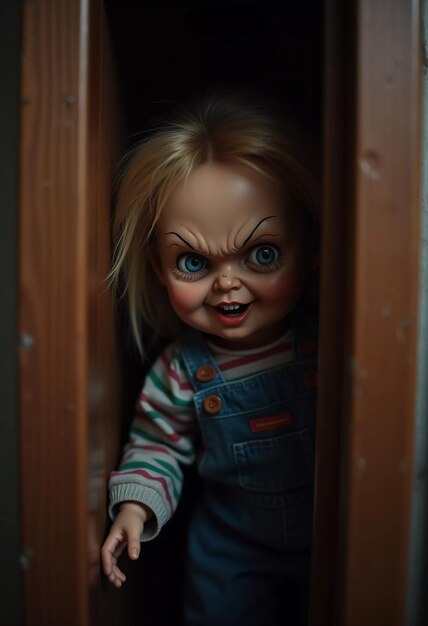 A doll with frightening facial features peers out of the closet at night her piercing gaze and crooked smile creating a chilling atmosphere in the dimly lit room Scary doll for horror Generative AI