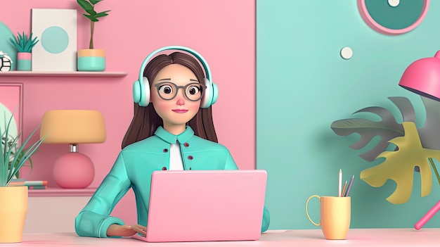 a doll with glasses on and a laptop with a mug of coffee and a pair of headphones