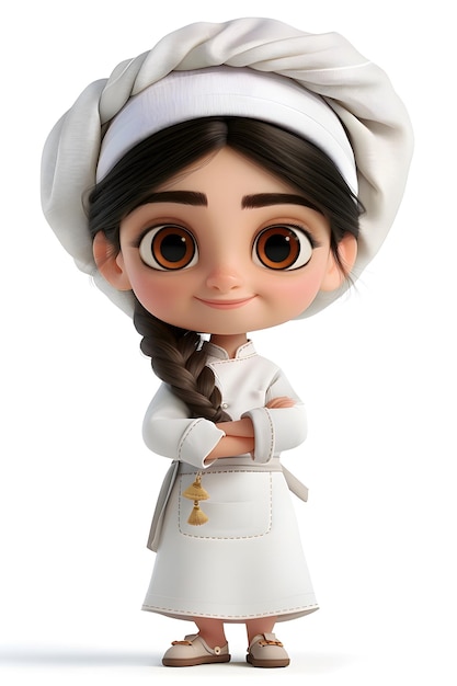 a doll with a hairdo and a hat that says  she is wearing a white dress