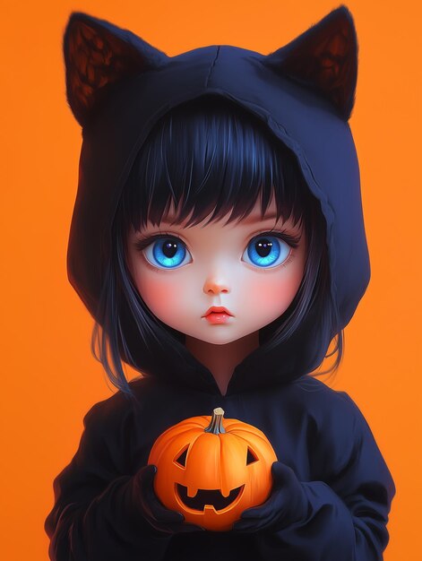 a doll with a halloween pumpkin and a pumpkin