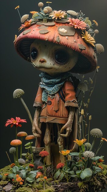 Photo a doll with a hat and scarf is standing in a pot with flowers