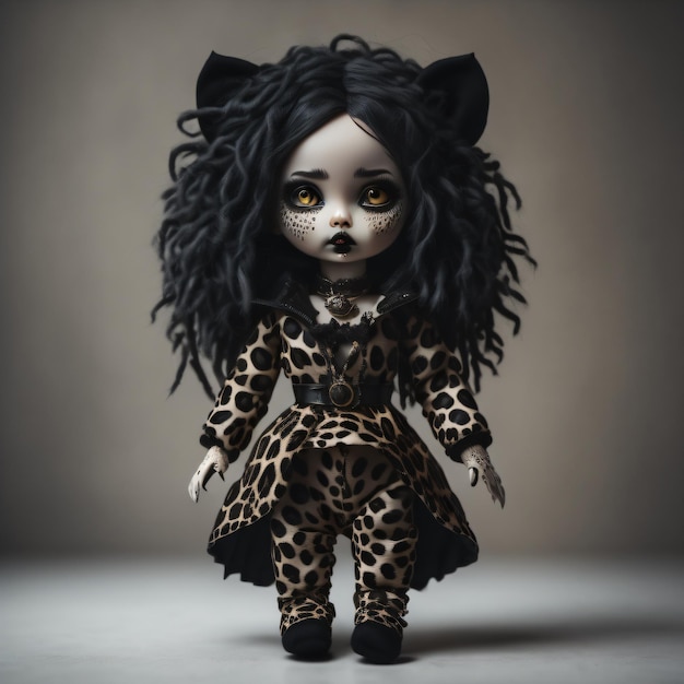 Photo a doll with long black hair and a leopard print dress.