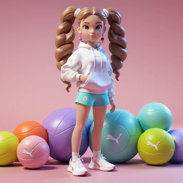 Photo a doll with long hair stands in front of a row of balls