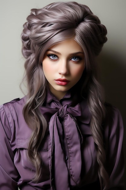 Doll with long hair wearing purple shirt and bow Generative AI