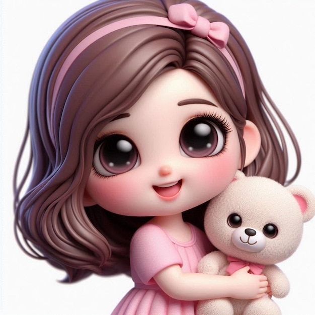 a doll with a pink bow and a teddy bear