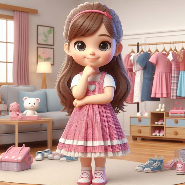 Photo a doll with a pink dress and a pink bow on her hair