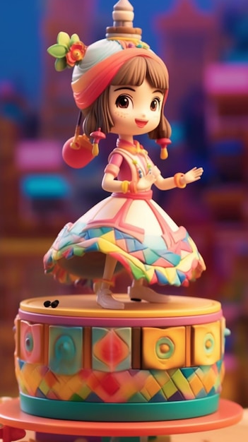 A doll with a pink dress and a red hat is standing on a round pedestal.