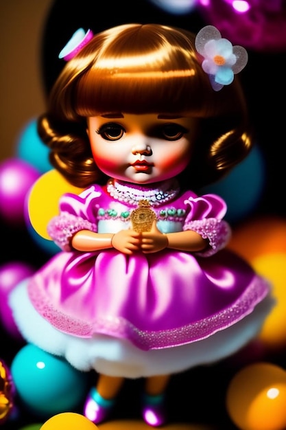 A doll with a pink dress and a white bow sits on a table with balloons in the background.