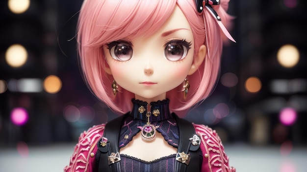 A doll with pink hair and pink hair