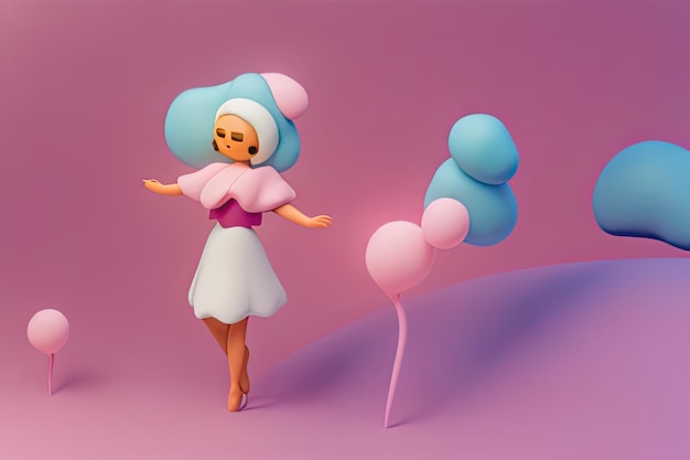 A doll with a pink hat and a pink dress stands in front of a blue balloon.