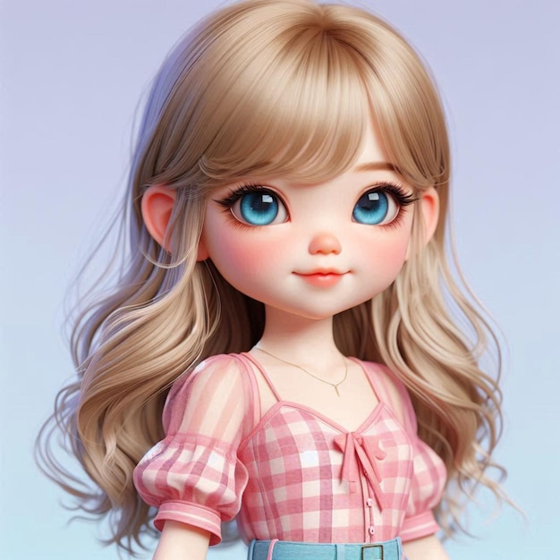 a doll with a pink and white dress and a blue eye