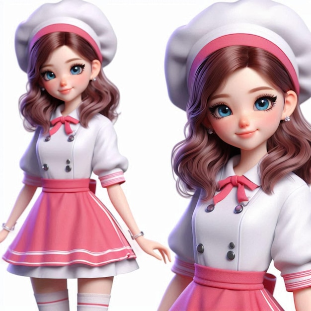 a doll with a pink and white outfit and a pink hat