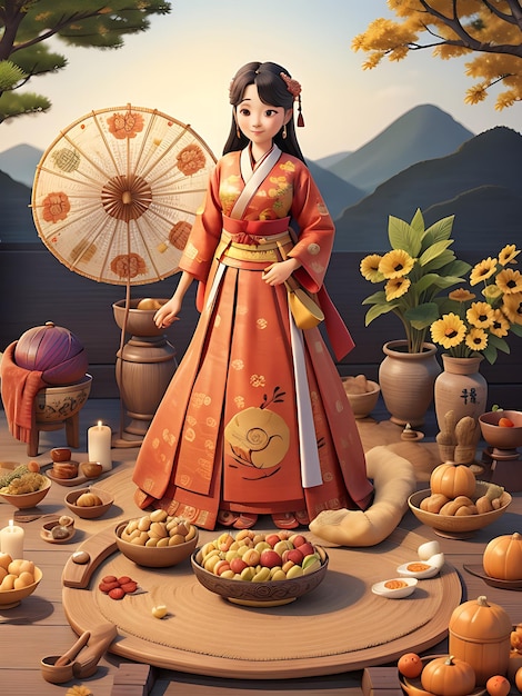 A doll with a plate of food and a pot of fruit chuseok 2023 chuseok celebration AI GENERATED