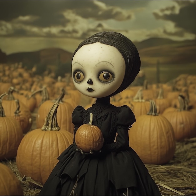 a doll with a pumpkin face and a pumpkin in the background