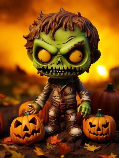 a doll with a pumpkin face and pumpkins on it