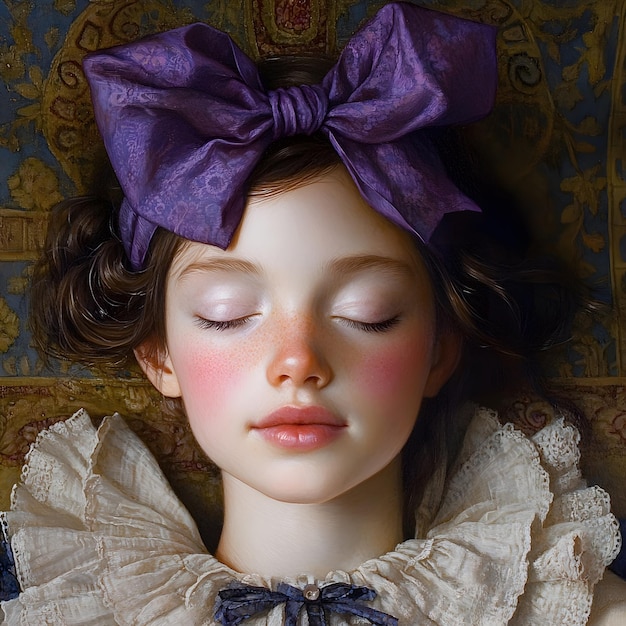 Photo a doll with a purple bow and a purple bow is laying on a chair