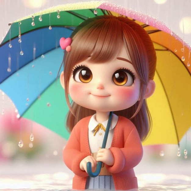 a doll with a rainbow umbrella and a girl holding a umbrella