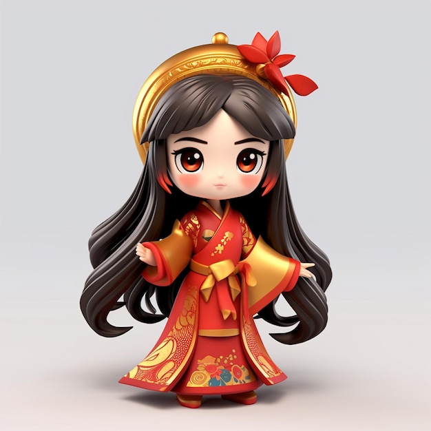 a doll with a red dress and a gold bow on her head