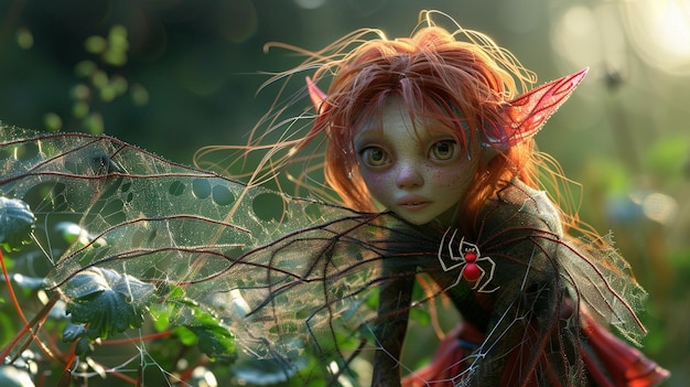 a doll with a red hair and a green dress with a red flower in the middle