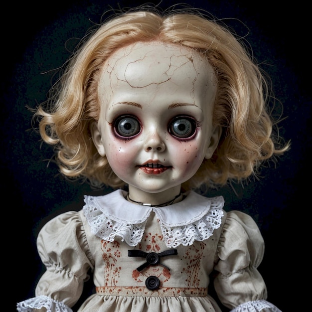 a doll with red hair and a white dress has a creepy face