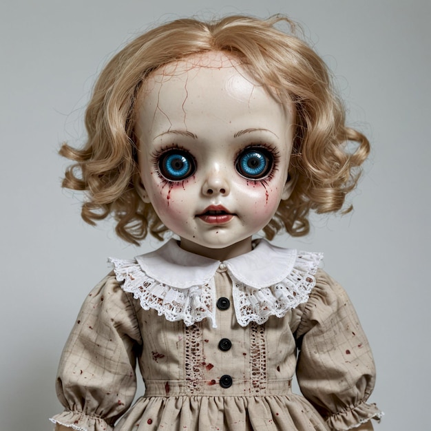 a doll with red hair and a white dress has a creepy face